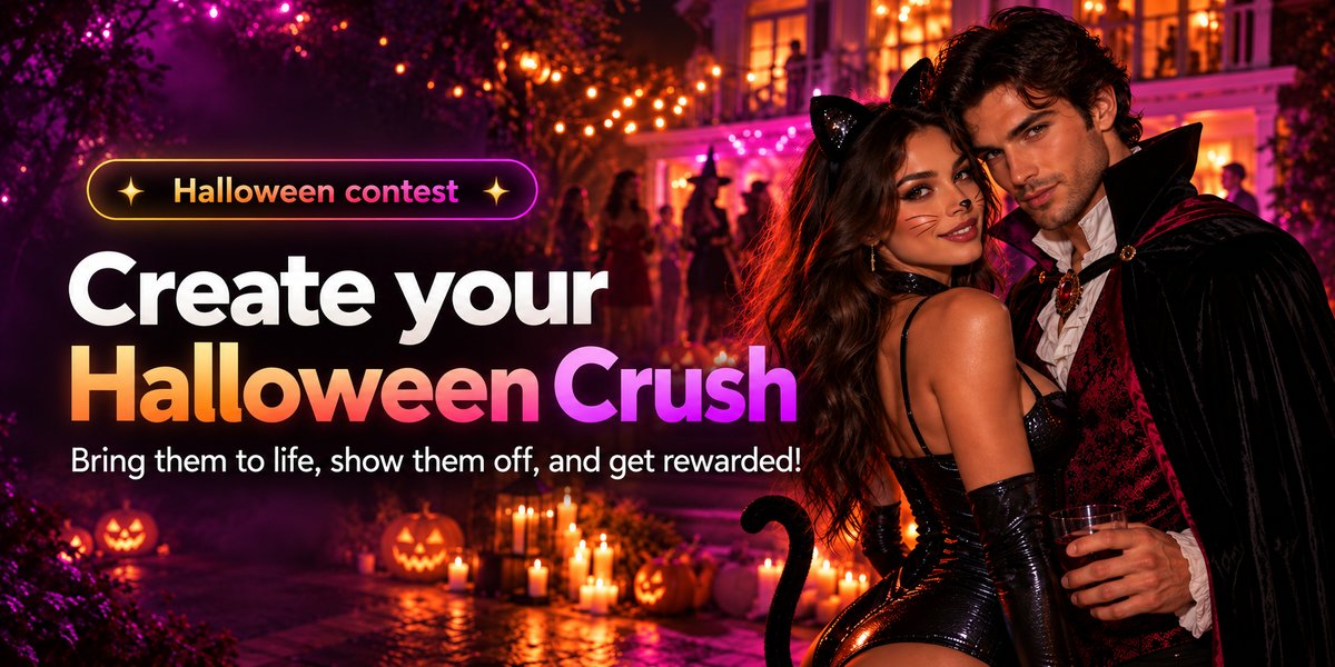 Halloween contest: Create your Halloween Crush. A cat-costume companion and a vampire pose together at a candlelit Halloween party.